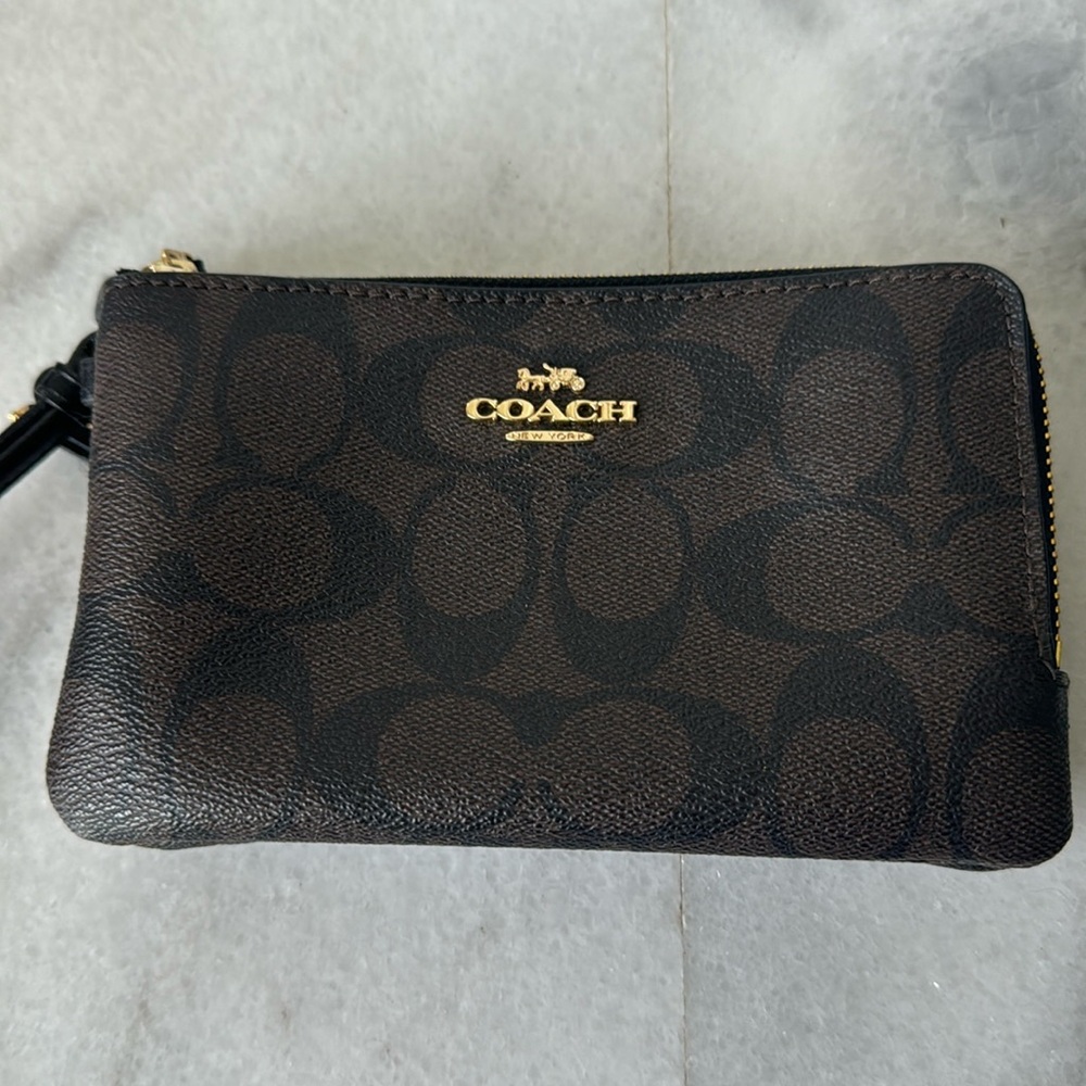 Coach Large Double Zip Wristlet, Brown and Black Logo design, Perfect Condition!
